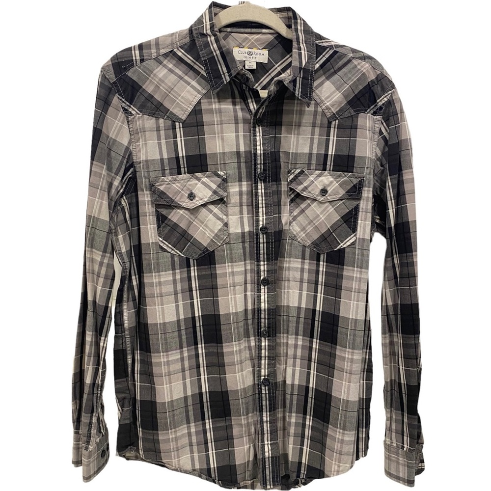 CLUB ROOM Men's Slim Fit Long Sleeve GREY Plaid Pocket Button Up Shirt MEDIUM